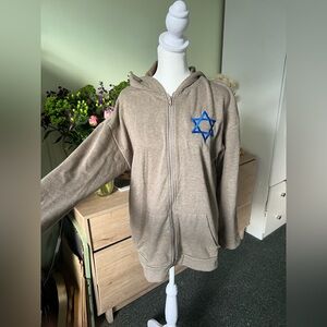 Jewish Star Graphic Sweatshirt Lightweight Tan Zip-Up Casual Hoodie Loungewear